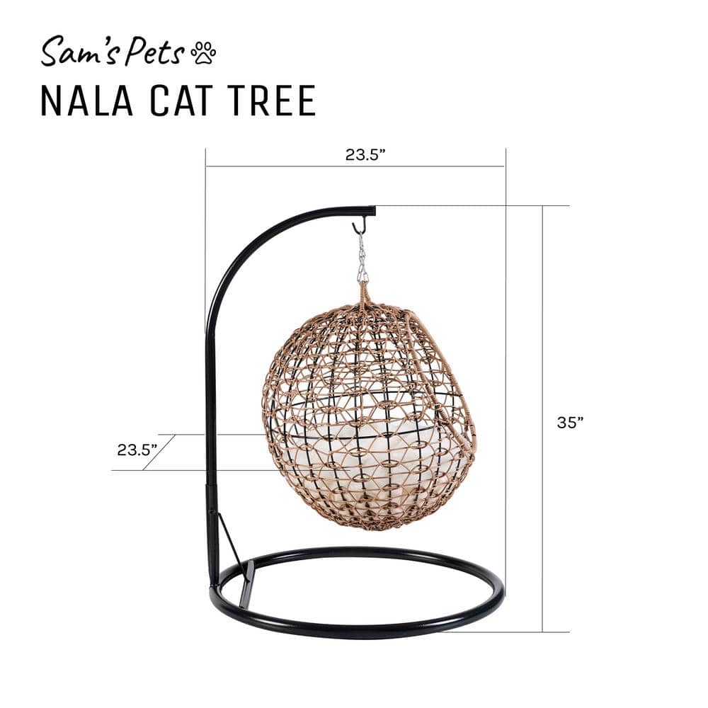 Medium Brown Rattan Hanging Egg Cat Condo with Cotton Cushion
