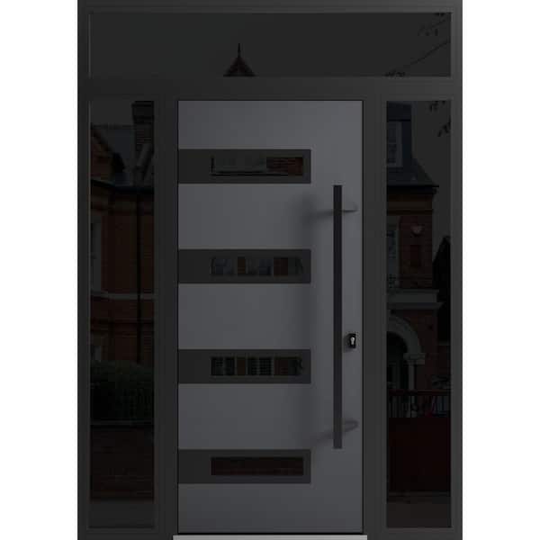 VDOMDOORS 0131 60 in. x 96 in. Left-hand/Inswing 3 Sidelights Tinted Glass Grey Steel Prehung Front Door with Hardware