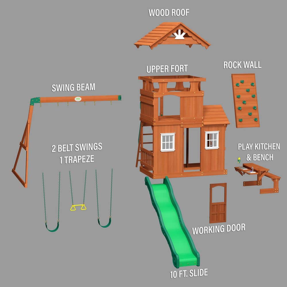 Shenandoah Cedar Wood Swing Set with Green Slide and Playhouse