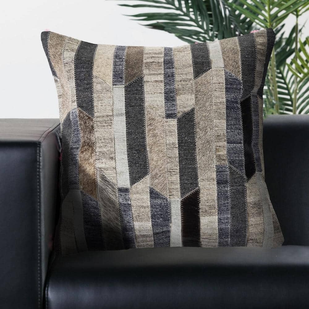 Gray and Charcoal Faux Leather Wool Throw Pillow Set