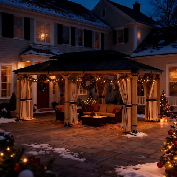 Cedarfort 12 ft. x 20 ft. Outdoor Cedar Wood Frame Hardtop Gazebo with Galvanized Steel Roof, Netting and Curtains