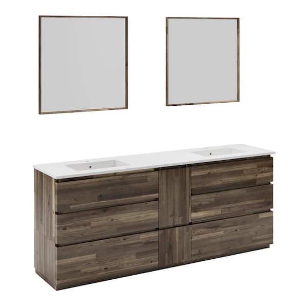 Fresca Formosa 84 in. Double Sink Freestanding Acacia Bath Vanity with White Quartz Top, Undermount Ceramic Sinks and Mirrors