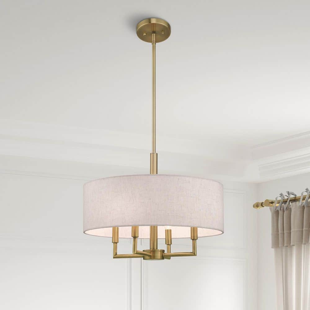 Antique Brass 4-Light Drum Chandelier with Oatmeal Shade