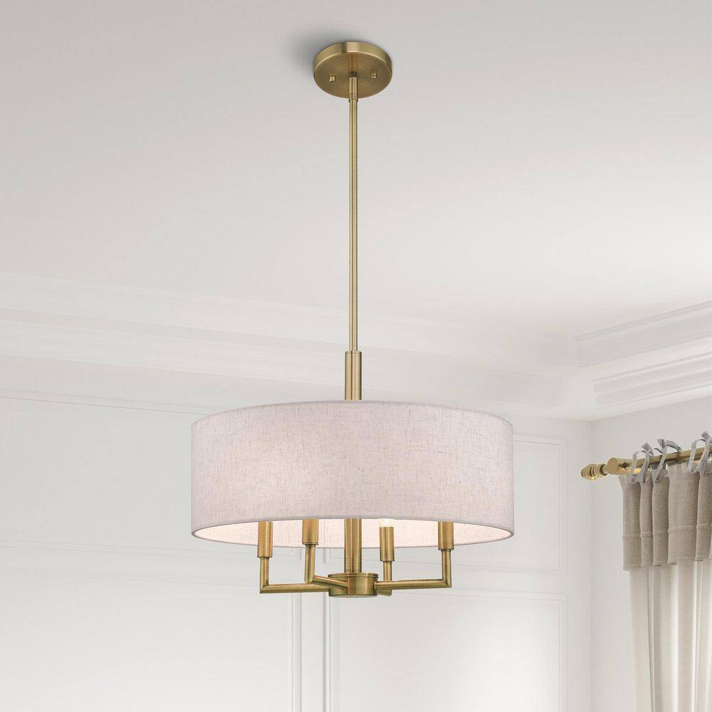 Antique Brass 4-Light Drum Chandelier with Oatmeal Shade