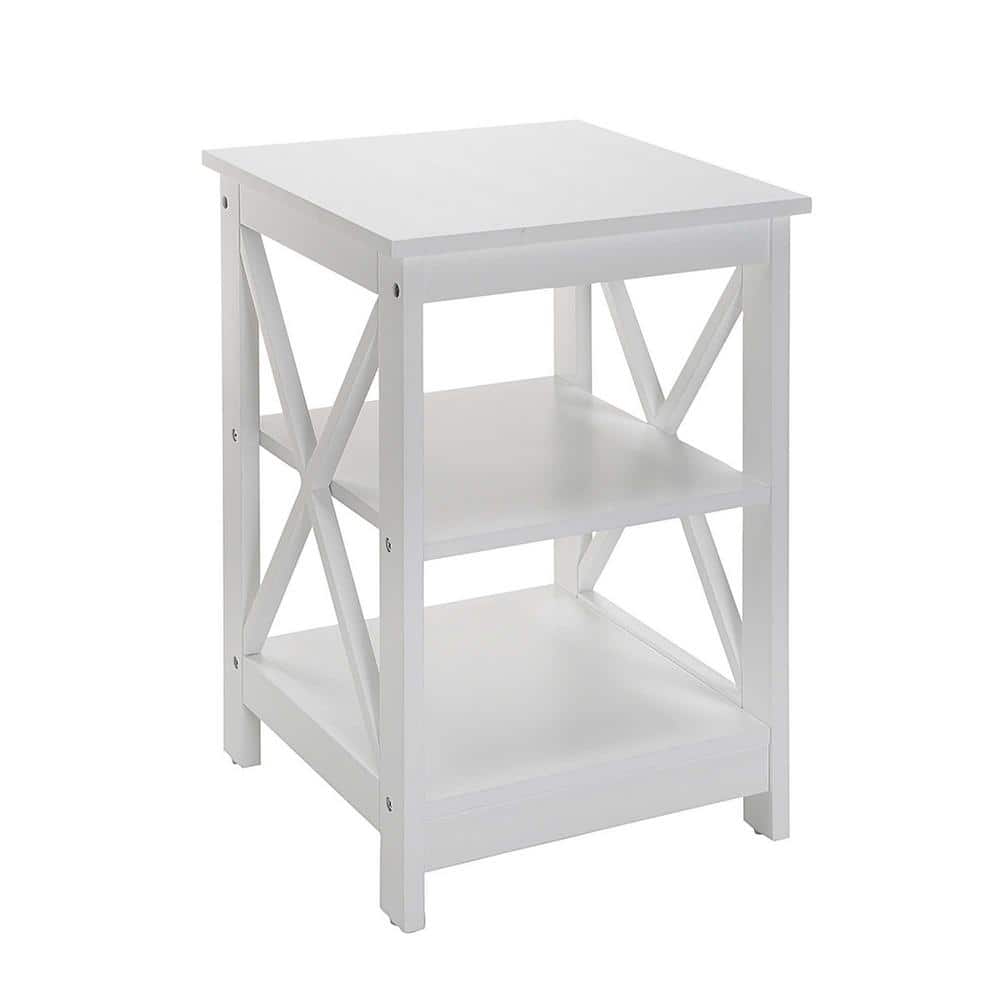 Coastal Farmhouse Chic White Square Wood End Table with Shelves