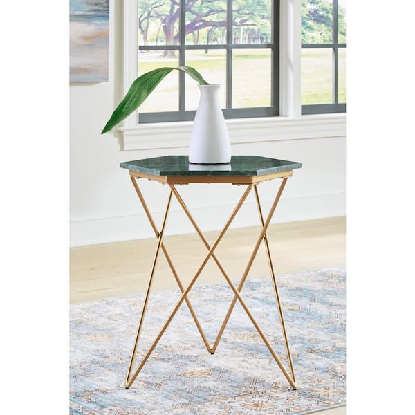 Engelton 20.5 in. Green/Gold Hexagon Marble End Table