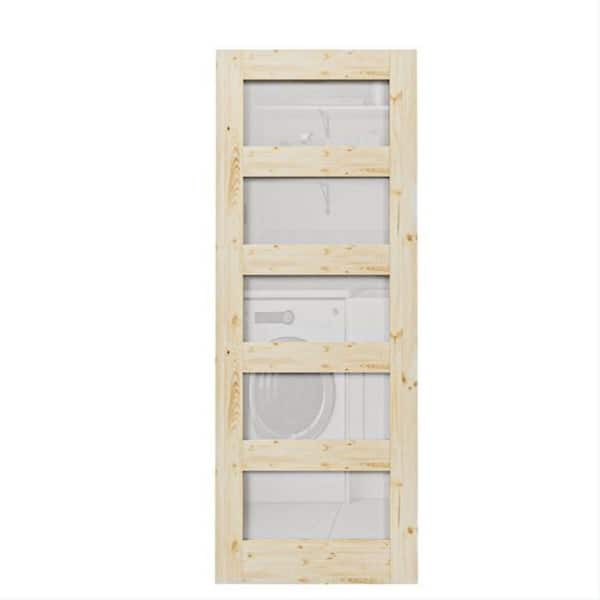 30 in. x 80 in. Unfinished Solid Core Pine Wood 5-Lite Tempered Frosted Glass Interior Door Slab