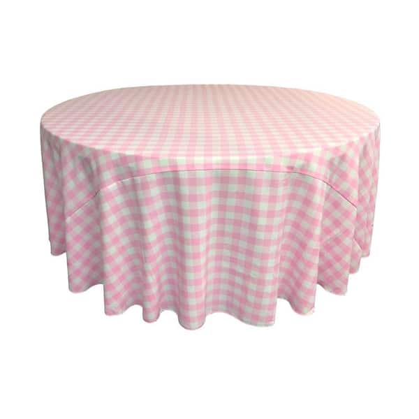 120 in. White and Pink Polyester Gingham Checkered Round Tablecloth
