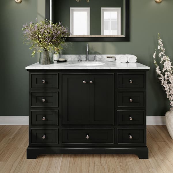 Wyndham Collection Deborah 48 in. Single Vanity in Dark Espresso with Marble Vanity Top in White Carrara with White Basin and 46 in. Mirror