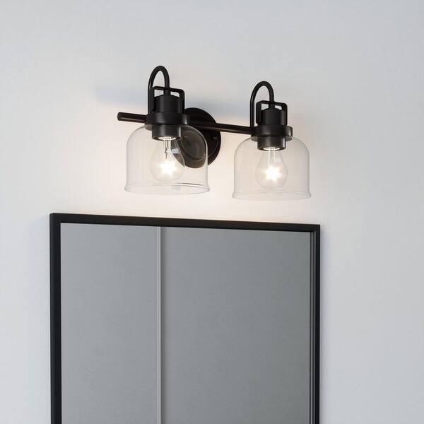 Brighton 15 in. 2-Light Black Bathroom Vanity Light with Clear Glass Shades