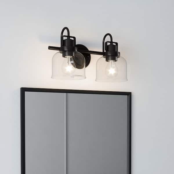 Brighton 15 in. 2-Light Black Bathroom Vanity Light with Clear Glass Shades