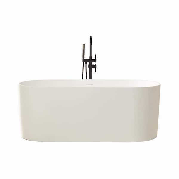 Vanity Art 67 in. x 32 in. Freestanding Oval Soaking Stone Resin Bathtub in Matte White with Pure White Overflow and Pop Up Drain