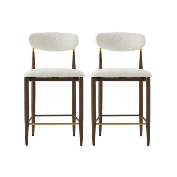 Avyra Modern 37.25 in. H Beige Boucle Fabric Upholstered Brown Metal Frame Counter Stools with Curved Backrest, Set of 2