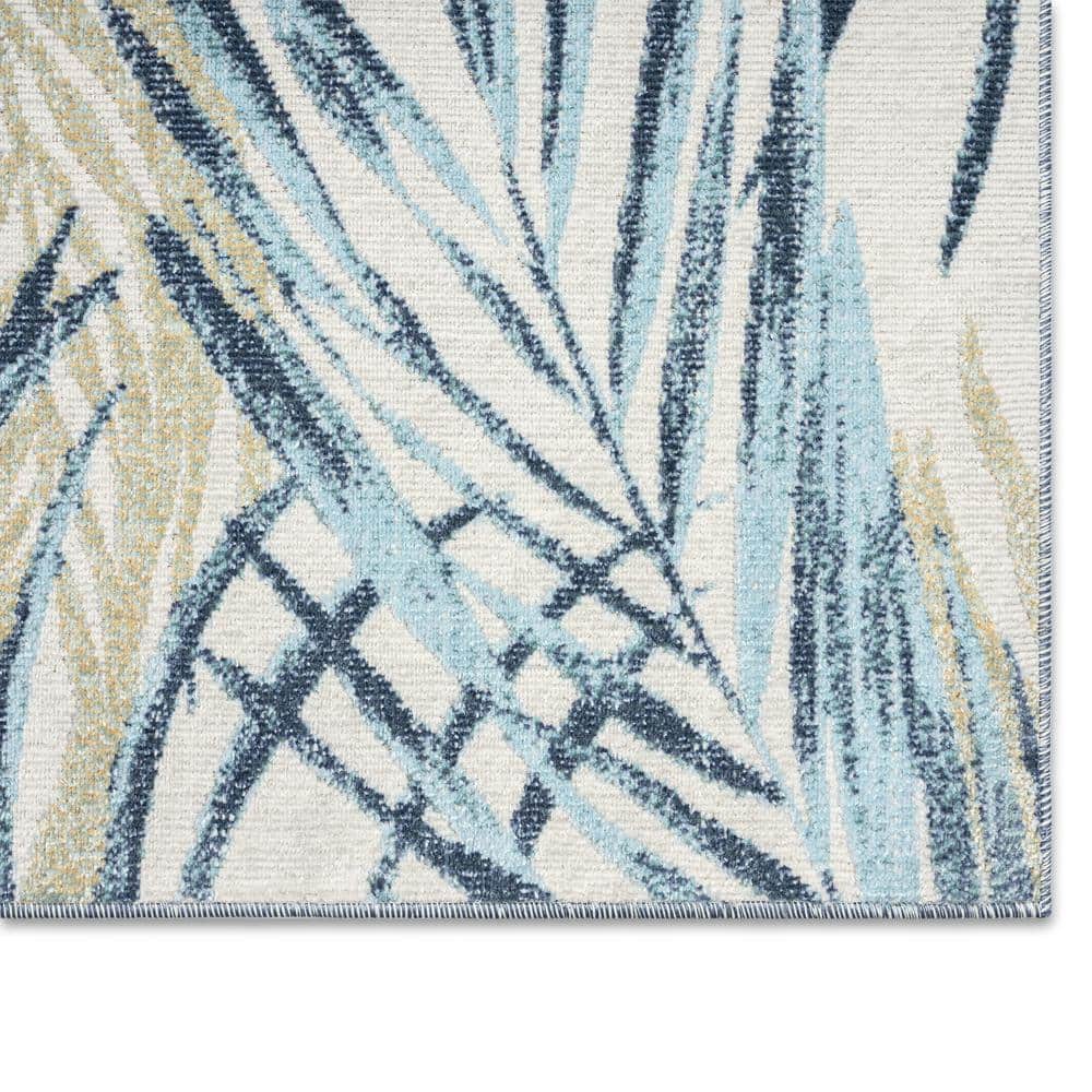 Ivory and Aqua Blue Palm Leaf 5' x 7' Indoor/Outdoor Rug