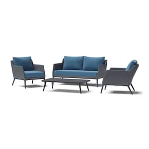 Gaveni 4-Piece Seating Steel Patio Conversation Set with Blue Cushions