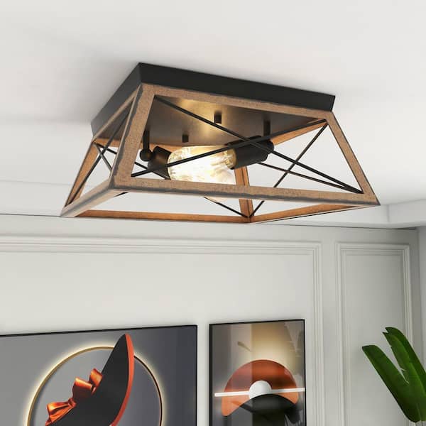13.97in. 2-Light Retro Barnwood and Matte Black Flush Mount Ceiling Light