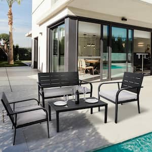 4-Piece Black PE Steel Patio Outdoor Conversation Set with Grey Cushions, Wood Grain Design Loveseat, Coffee Table
