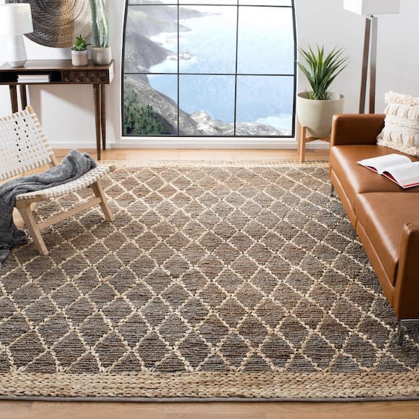Natural Fiber Beige/Gray 9 ft. x 12 ft. Border Multi-Diamond Area Rug