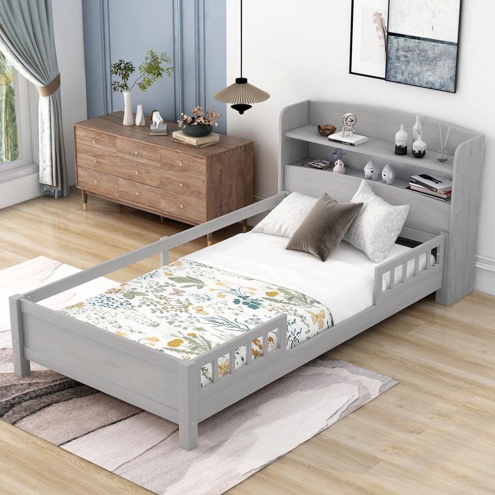 Harper & Bright Designs Antique Gray Wood Frame Twin Size Platform Bed ...