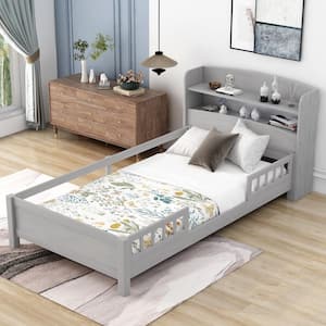 Antique Gray Wood Frame Twin Size Platform Bed with Guardrail, Storage Headboard and Built-in LED Light