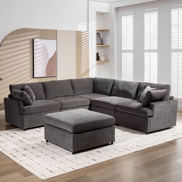 J&E Home 100 in. W Polyester Square Arm Modern Large 7-Piece U-Shape Sectional Sofa in Gray with Removable Ottomans
