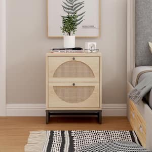 2-Drawer Natural Rattan Wood Nightstand, Bedroom Bedside Table Farmhouse Style, 20.87 in. H x 15.75 in. W x 15.75 in. D