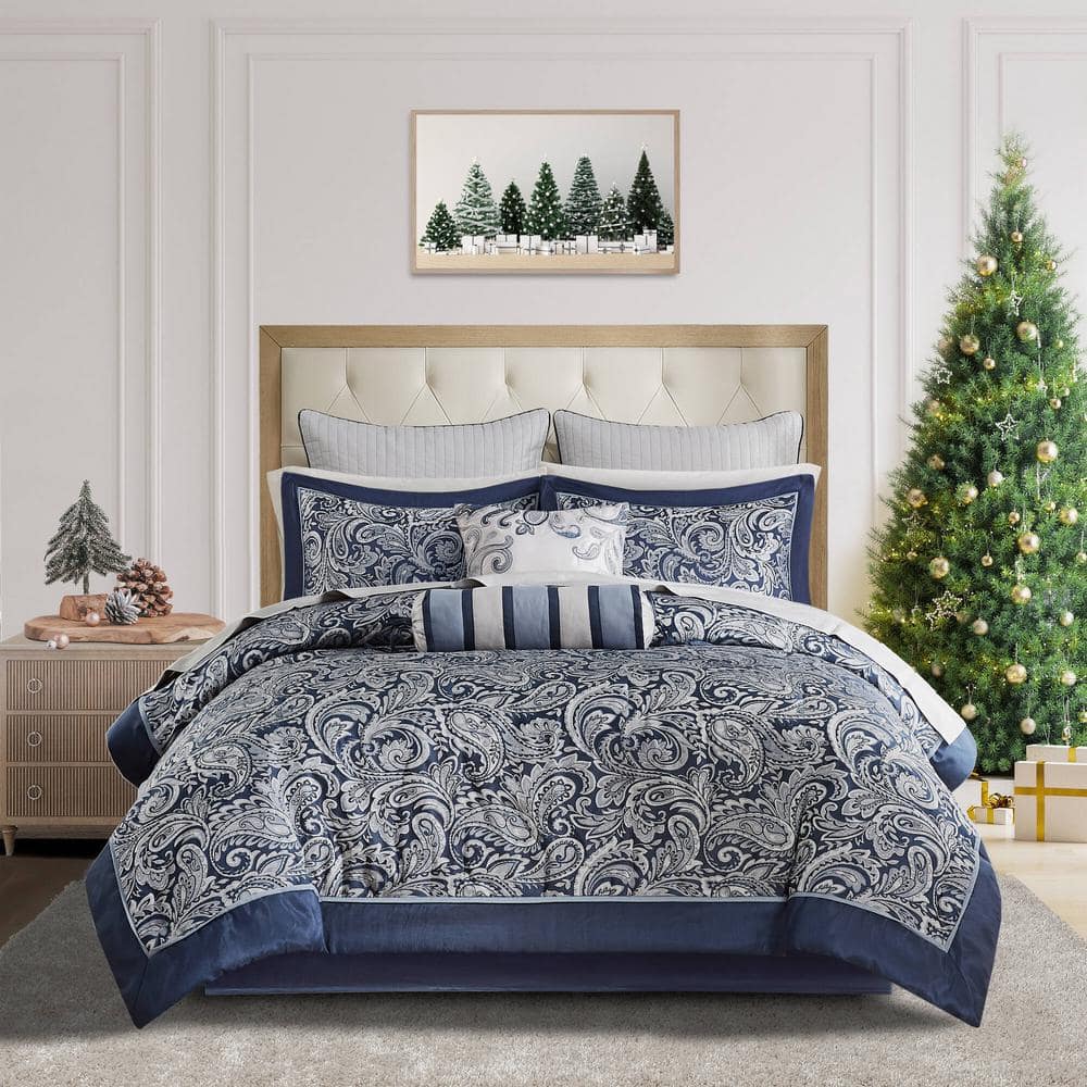 King Navy Blue Cotton Paisley Bed in a Bag Set