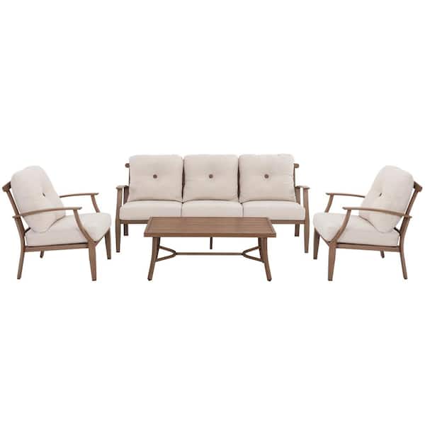Brown 4-Piece Aluminum Patio Conversation Set with Coffee Table and Removable Zippered Beige Cushions