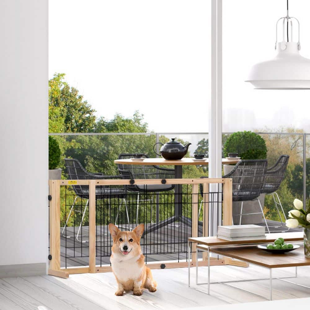 Adjustable Freestanding Beige Wood and Metal Pet Gate