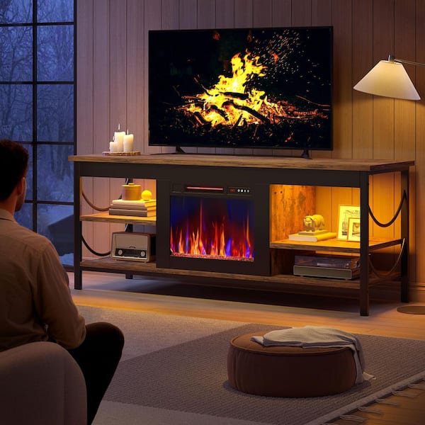 55 in. TV Stand with Electric Fireplace LED Gaming Entertainment Center with Open Shelves for 65 in. TVs, Rustic Brown