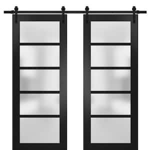 48 in. x 80 in. 5-Panel Black Finished Solid MDF Sliding Door with Double Barn Hardware