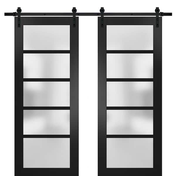 Sartodoors 48 in. x 80 in. 5-Panel Black Finished Solid MDF Sliding Door with Double Barn Hardware