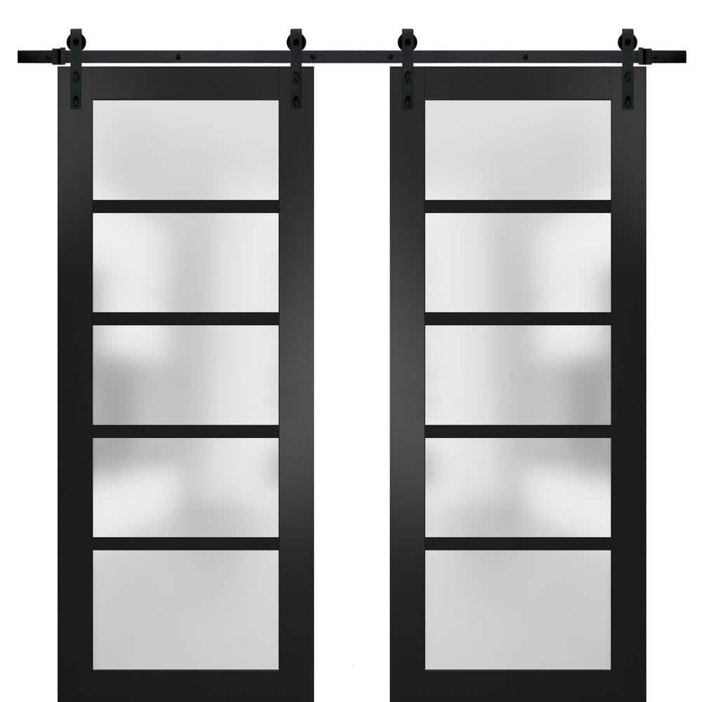Assemble Required 64 in. x 84 in. 5-Panel Black Finished Solid MDF Sliding Door with Double Barn Hardware price history on PriceWatchPro