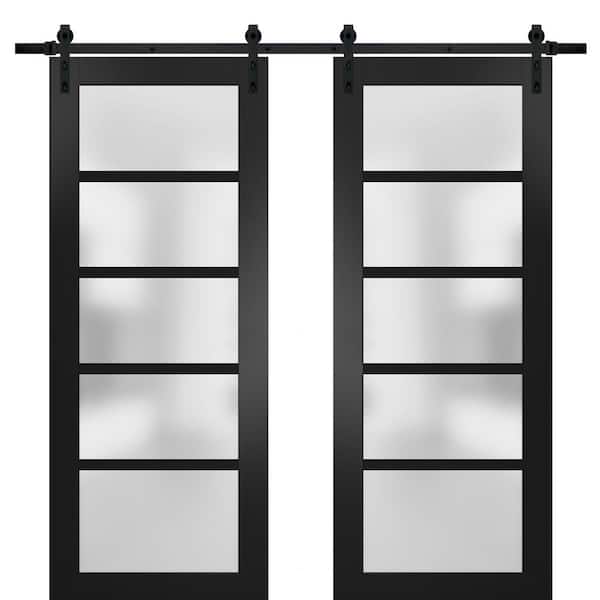 Sartodoors 72 in. x 80 in. 5-Panel Black Finished Solid MDF Sliding Door with Double Barn Hardware