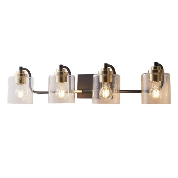 ExBrite IndustrialVL 31.75 in. 4-Light Brass Black Vanity Light with Clear Glass Shades