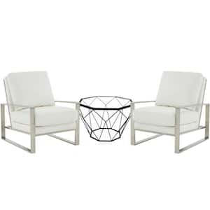 Jefferson Leather Arm Chair with Silver Frame (Set of 2) and Octagonal Coffee Table with Geometric Base (White)