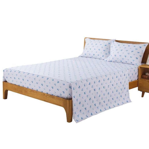 COUNTRY LIVING Rooster 4-Piece Blue Microfiber Washed Full Sheet Set