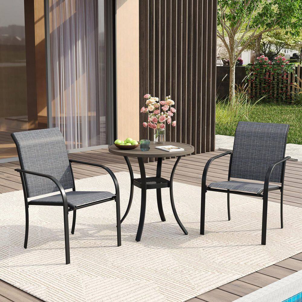 3-Piece Metal Outdoor Dining Set with Grey Wood-Like Round Table and 2 Grey Dining Chairs with Armrests