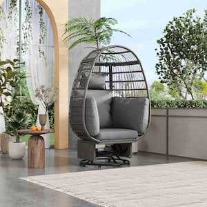 Gray Swivel Chair Wicker Outdoor Swivel Patio Egg Lounge Chair with Gray Cushion and 4 Pillows