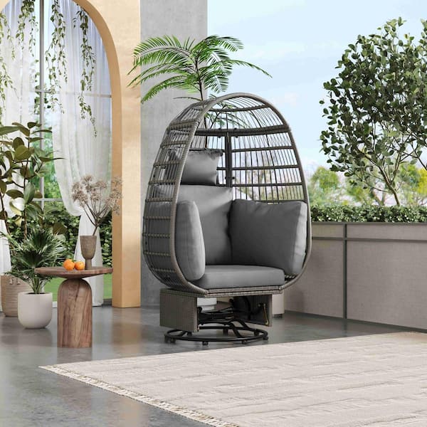 Polibi Gray Swivel Chair Wicker Outdoor Swivel Patio Egg Lounge Chair with Gray Cushion and 4 Pillows