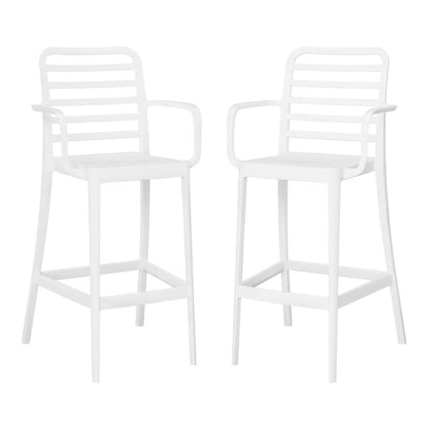 Frond and Form 29.5 in. Outdoor Patio All-Weather White Poly Plastic Stackable Bar Stool (Set of 2)