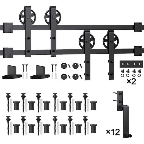 WINSOON 15 ft./180 in. Black Sliding Bypass Barn Door Hardware Track Kit for Double Doors with Non-Routed Floor Guide