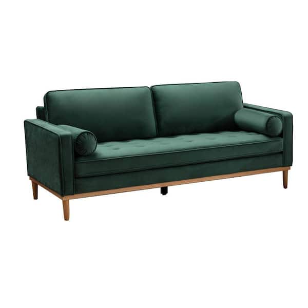 Benjara 33.5 in. Straight Arm Velvet Rectangle Bolster Pillow Sofa in Green