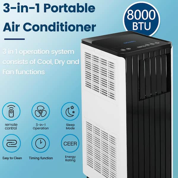GE 8,000 BTU (5,300 BTU DOE) Portable Air Conditioner with 2 Fan Speeds,  Sleep Mode and Remote Control - White