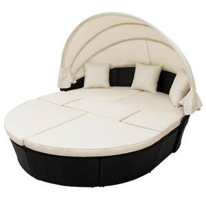 Black Wicker Outdoor Day Bed with Beige Cushions Sectional Set Sunbed with Retractable Canopy for Patio, Poolside