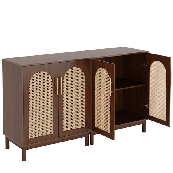 Alan Brown Wood 59 in. Sideboard Buffet with Storage 2-Shelf and 4-Doors for Dining Room Living Room Kitchen (Set of 2)
