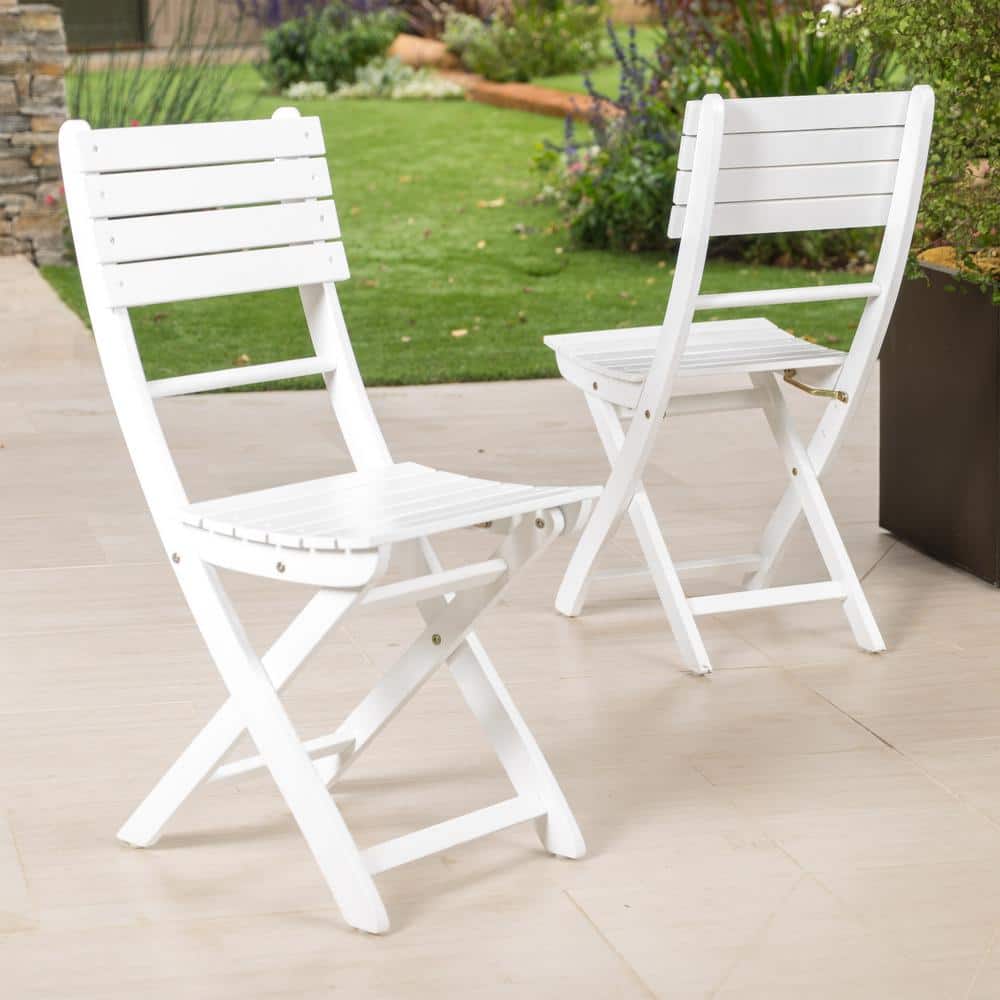 Simple 2-Piece Outdoor Acacia Wood Foldable Dining Chairs, White Finish, No