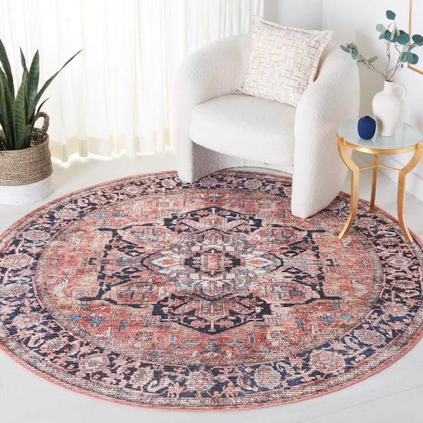 Serapi Rust/Navy 7 ft. x 7 ft. Machine Washable Border Ornate Round Area Rug