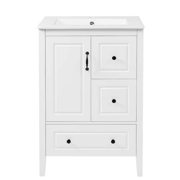 24 in. Freestanding White Bath Vanity with White Ceramic Top Unassembled