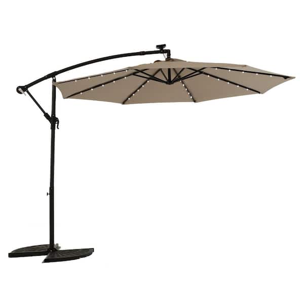 Unbranded 10 ft. Solar LED Market Tilt Patio Umbrella Offset Hanging Outdoor Umbrella in Khaki